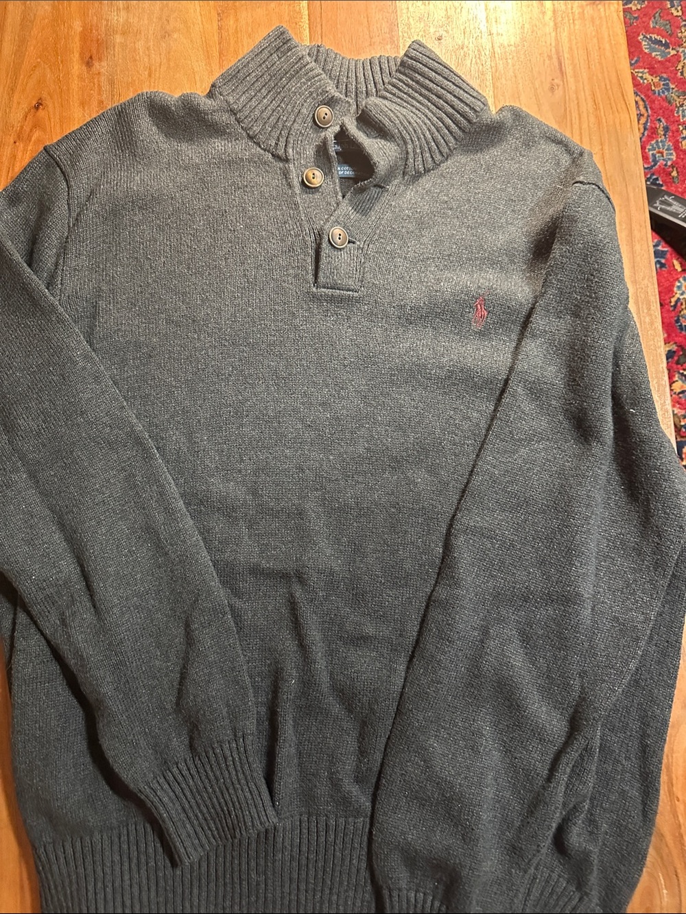 Polo by Ralph Lauren Charcoal Gray Button Neck Sweater with Signature Pony